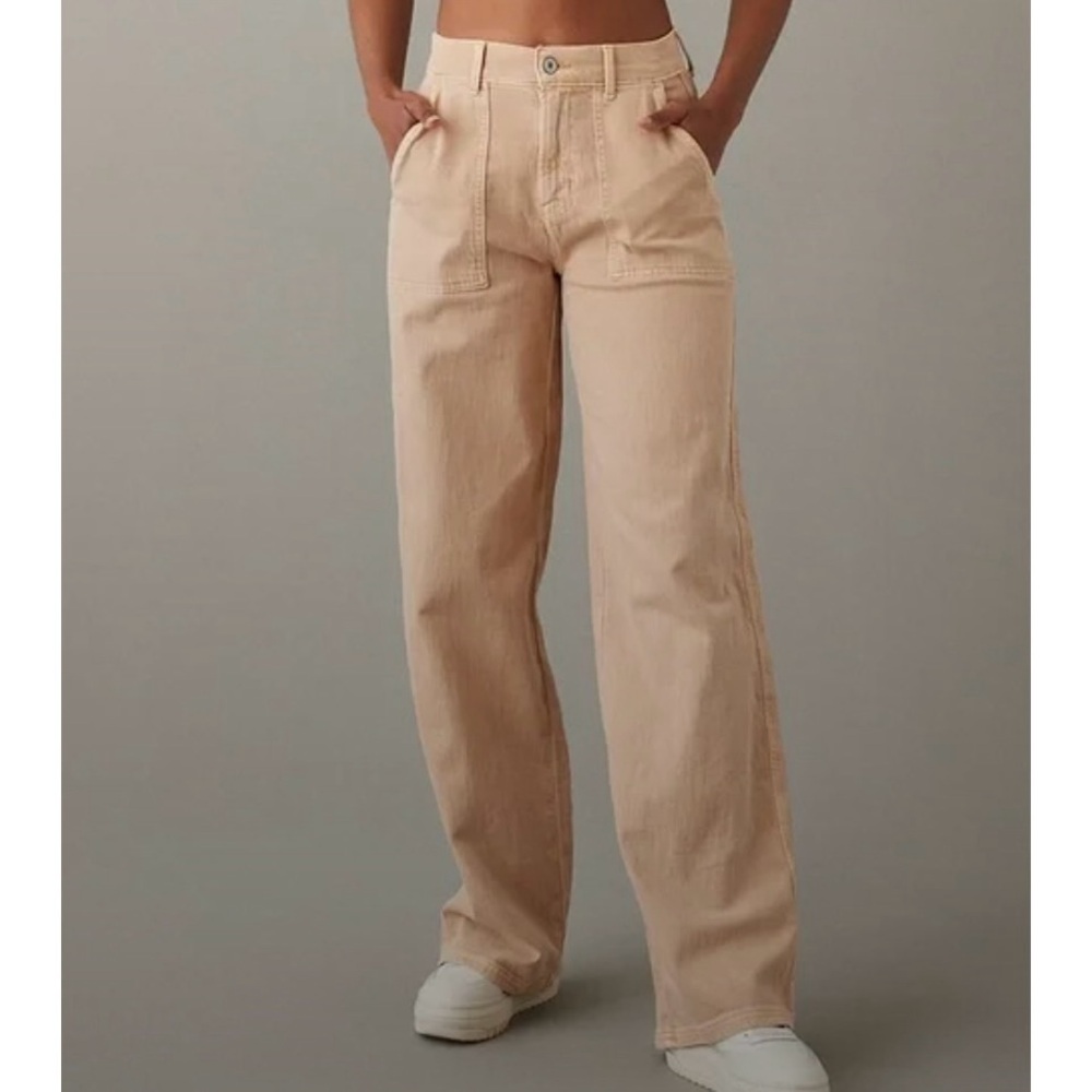 American Eagle Super High-Rise Baggy Wide Leg Pant in Tan Khaki Jean, 18